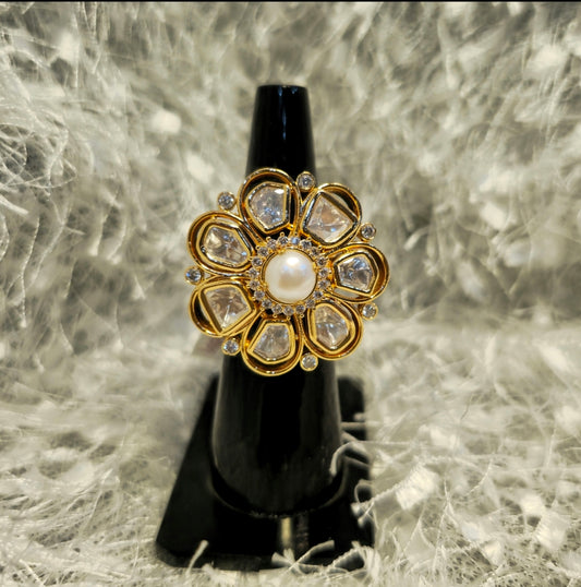 Floral Kundan Polki Pearl Statement Ring